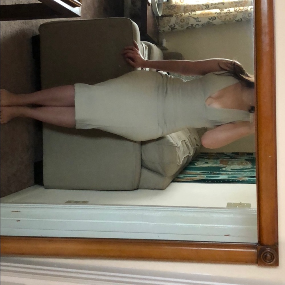 Tan bodycon ASOS dress.